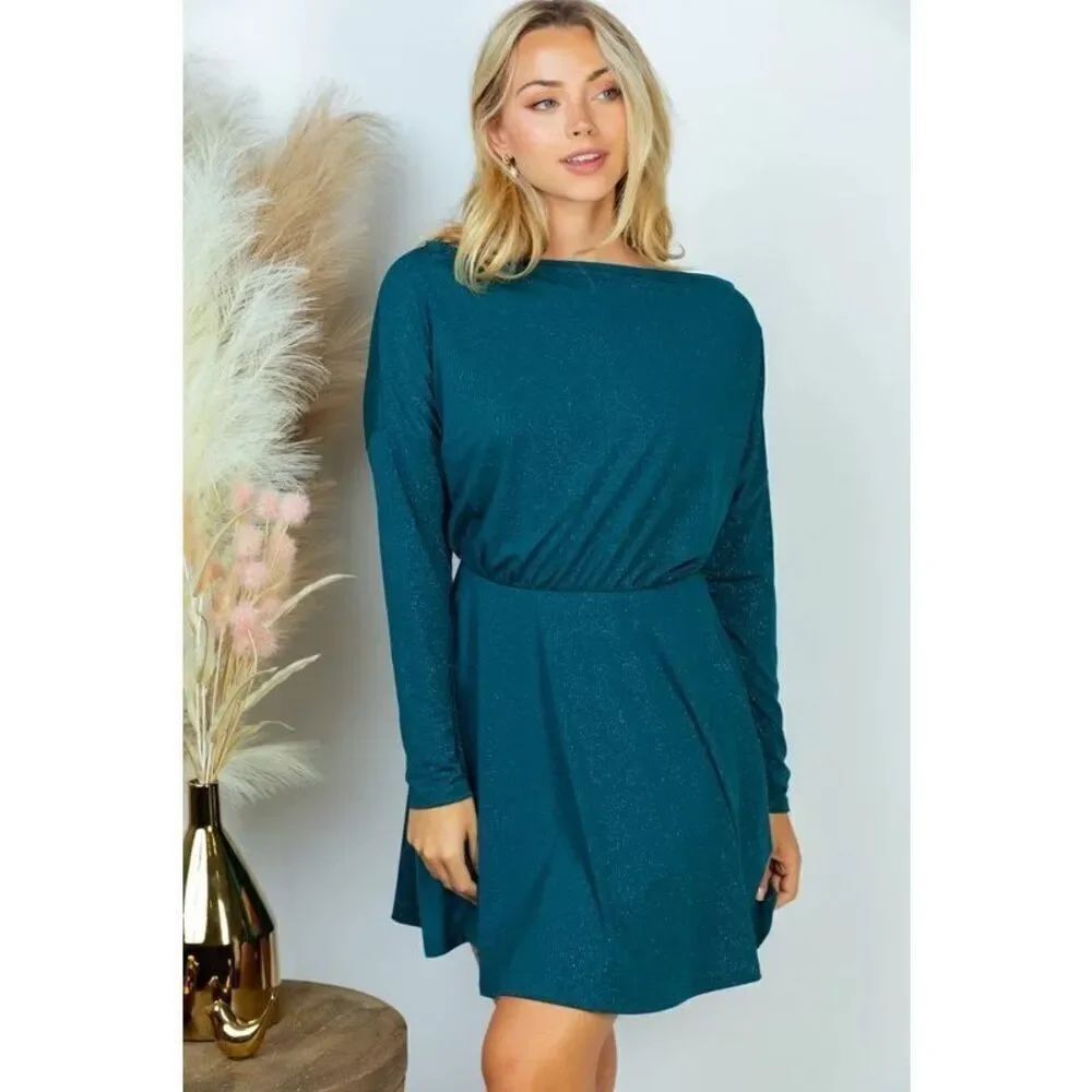 NWT Womens PrettyGarden Teal Long Sleeve Chic Tie Back Weekender Dress - Sz M